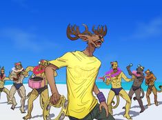 an animated image of a group of people dressed up as reindeers on the beach