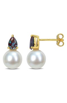 Easy-to-wear freshwater pearl stud earrings will add significant polish to even your most casual ensembles. Pearl size: 8.5–9mm Total lab-created-alexandrite weight: 1.2ct. 14k gold/cultured freshwater pearl/lab-created alexandrite Imported Drop Earring, Pearl Stud Earrings, Pearl Size, Pearl Studs, Fresh Water, Freshwater Pearls, Nordstrom Rack, Lab, Nordstrom