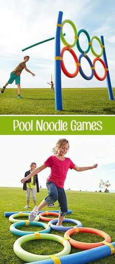 kids playing with an inflatable pool noodle game on the grass and another kid jumping over it