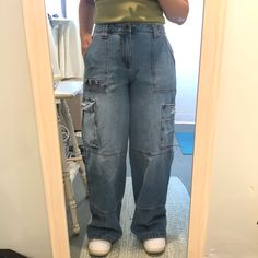 Denim Cargo Jeans. Over Sized. Never Worn, Was Washed Hoping It Would Shirk A Bit But Still Too Long And Didn’t Want To Cut Them. Super Cute On, Just Wish It Was Shorter. Junior Size But Adult Fit. Measurements In Pictures. Relaxed Fit Medium Wash Cargo Pants, Medium Wash Relaxed Fit Full Length Cargo Pants, Medium Wash Wide Leg Cargo Bottoms, Light Wash Wide Leg Bottoms With Cargo Pockets, Wide Leg Medium Wash Pants With Cargo Pockets, Utility High Rise Bottoms In Medium Wash, Light Wash Wide Leg Utility Bottoms, Denim Bottoms With Cargo Pockets, Utility Wide Leg Light Wash Bottoms