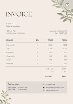 an invoice is shown with flowers and leaves on the front, and below it are