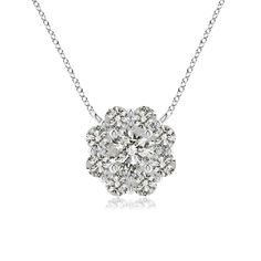 The dazzling diamonds are clustered to form a gorgeous cluster pendant necklace. Each round diamond resembles the petals of a fully bloomed flower. This dainty and feminine flower diamond pendant necklace, crafted in 14K White Gold, is a classic beauty by all means. Choose from different stone qualities (K, I3, I-J, I1-I2, H, SI2, GH VS). Flower Shaped Diamond Necklace With Single Cut Diamonds, Flower-shaped Diamond Necklace With Single Cut Diamonds, Diamond White Flower Diamond Necklace, Diamond White Flower Shaped Diamond Necklace, Flower-shaped Brilliant Cut Diamond Necklace, Flower Shaped Brilliant Cut Diamond Necklace, Dazzling Flower Pendant Diamond Necklace For Anniversary, White Flower-shaped Diamond Necklace, Dazzling Diamond Necklace With Flower Pendant