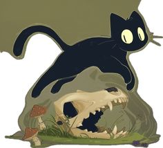 a black cat standing on its hind legs next to a skull