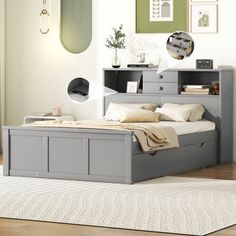 a bedroom with a bed, bookcase and rugs on the hardwood flooring