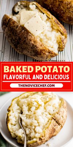 baked potato with parmesan cheese on top and the words baked potato flavorful and delicious