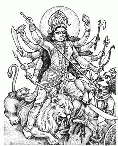 the hindu god sitting on top of a lion, surrounded by other animals