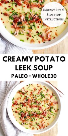 Potato Leek Soup - Paleo/Whole 30 Healthy Potato Leek Soup, Whole 30 Soup, Creamy Potato Leek Soup, Potato And Leek Soup, Soup Paleo, Healthy Potatoes, Paleo Soup, Potato Leek, Soup Appetizers