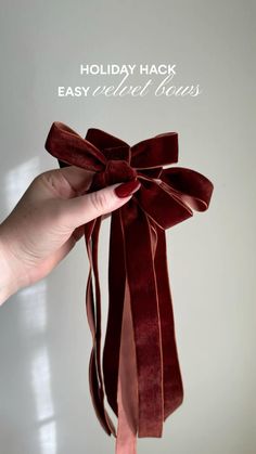 a hand holding a red ribbon with the words holiday hack easy collect bows