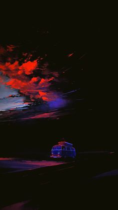 a van is parked on the side of the road at night with colorful clouds in the background