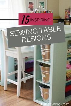 the sewing table is organized with plastic cups and containers for storing fabric on it, along with other crafting supplies