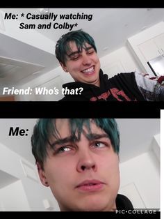 two pictures with the same caption in different languages, one has blue hair and the other has green hair