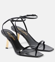 Lee 75 polished leather sandals in black - Saint Laurent | Mytheresa Latest Sandal, Mid Heel Sandals, Leather Platform Sandals, Saint Laurent Shoes, Slingback Sandal, Mid Heel, Metallic Leather, Shoe Box, Manolo Blahnik