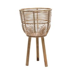 a small wooden stand with a basket on it's legs and the top section of the