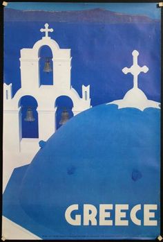 a blue and white poster with the words greece in front of a church steeple