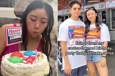 two people standing in front of a birthday cake