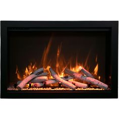 an electric fireplace with flames and logs