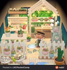 an animated image of a garden shop with plants in pots and potted plants on shelves