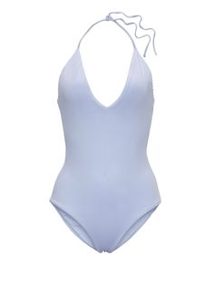 Fitted Solid Color Bodysuit With Tie Back, Elegant Poolside Halter Top With Tie Back, Halter Top Tie Back Backless, Fitted Low Back Bodysuit With Tie Back, Summer Bodysuit With Back Opening, Solid Color Tie-back Halter Top, Backless Halter Top For Pool With Tie Back, Backless Halter Top With Tie Back For Pool, Seamless Halter Neck Bodysuit For Beach