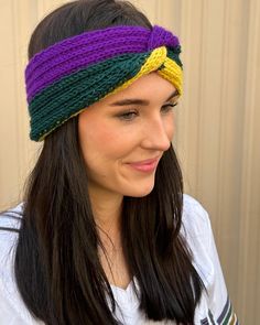 Turn heads this Mardi Gras season! There is no cuter or more fun accessory than this knit headband which helps keep you warm! Our take on the most coveted accessory all year! Fits most heads- great for kids and adults! Casual Adjustable Hand Knitted Headband, Casual Knitted Headband, Cotton Sweatband Headwrap, Multicolor Headband Hat, Adjustable Multicolor Crochet Headband, Adjustable Yarn Headband, Adjustable Crochet Headband For Winter, Crochet Yarn Headband One Size Fits Most, Casual Multicolor One Size Headband