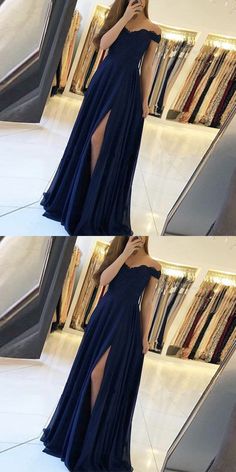 A Line Off the Shoulder Navy Blue Chiffon Long Prom Dress, Sexy Split Evening Dress on Storenvy Off The Shoulder Prom Dresses, Chiffon Evening Dresses, Grad Dresses, Lace Evening Dresses, Prom Dresses Lace, Prom Dresses Blue, Long Prom Dress, Evening Dresses Long, Fancy Dresses