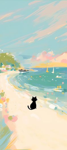 a black cat sitting on top of a beach next to the ocean