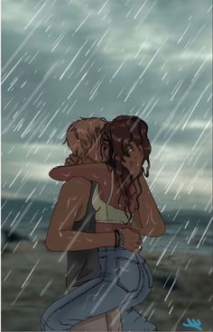 two people hugging in the rain under an umbrella