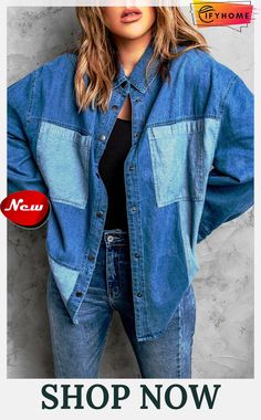 Blue Color Block Buttoned Denim Jacket Color Block, Denim Jacket, Winter Jackets, On Sale, Fall Winter, Blue Color, Blue, Color