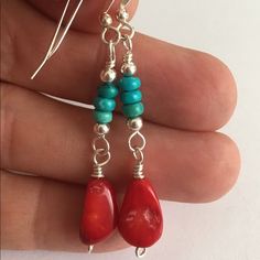 Gorgeous Artisan Handmade Dangle Earrings Featuring Beautiful Red Coral With Turquoise Howlite Heishi Done In Solid Sterling Silver French Sterling Silver Earwires Approx 2 1/4” Turquoise Coral Sterling Earrings Artisan Handmade Natural Gemstone Southwestern Bohemian Festival Gypsy Hippie Unique Jewelry Navajo Jewelry Earrings, Handmade Southwestern Red Jewelry, Handmade Turquoise Necklace With Red Coral, Handmade Coral Bohemian Earrings, Simple Bead Earrings, Handmade Red Coral Dangle Earrings, Gemstone Earrings Dangle, Handmade Multi-strand Red Coral Jewelry, Beaded Jewelry Earrings