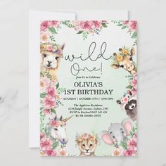 an animal themed birthday party with flowers and animals on the front, in pastel colors