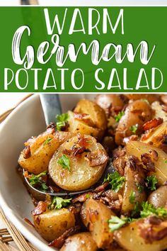 a white bowl filled with potatoes and topped with parsley on the side next to a fork