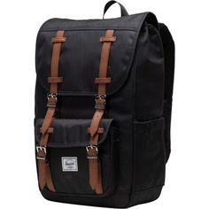 Hershel Supply's signature backpack, the Little American 17L Mid Backpack carries mountaineering style into our everyday work or school bag. We like the look of the leather-like straps and all the storage packed into this stylish backpack--from its padded laptop sleeve to bottle pocket to front zippered pocket with a key clip. That keeps us organized--and looking professional--as we schlep our stuff to work or class. Brown Outdoor Backpack With Adjustable Straps, Outdoor Brown Backpack With Adjustable Straps, Outdoor Leather Trim Satchel Backpack, Casual Outdoor Backpack With Luggage Sleeve, Casual Hiking Backpack With Adjustable Straps, Outdoor Rectangular Backpack With Adjustable Straps, Rectangular Casual Backpack For Hiking, Black Backpack With Leather Trim For Travel, Black Travel Backpack With Leather Trim