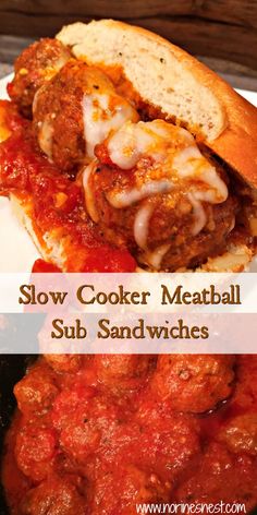 slow cooker meatballs and sauce on a white plate with the words slow cooker meatballs and sauce