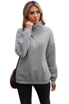 Gray Zipped Collar Sweatshirt Casual Half-zip Sweatshirt With Zipper Closure, Long Sleeve Fleece Sweatshirt With Zipper Closure, Fall Long Sleeve Sweatshirt With Ykk Zipper, Casual Fleece Top With Zipper Closure, Fleece Sweatshirt With Zipper Closure And Long Sleeves, Solid Color Long Sleeve Sweatshirt With Zipper, Winter Long Sleeve Sweatshirt With Ykk Zipper, Winter Sweatshirt With Zipper Closure, Gray Half-zip Sweatshirt