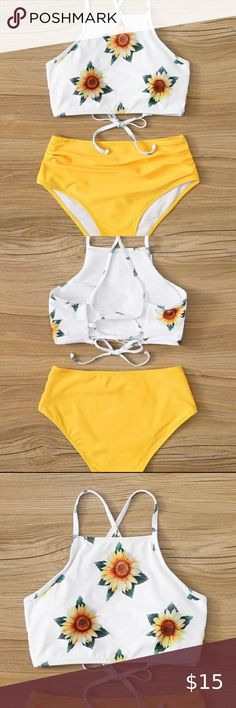 Sunflower Lace-Up & High Waist Bikini Set •Top runs small (could fit a medium, maybe even a small.) •Top comes with removable padding. •Bottoms run snug (could fit a medium.) **Brand new. Did not comes with tags. Only tried on with underwear & protection seal is still on bottoms.** SHEIN Swim Bikinis Running Tops, Small Tops, Womens Swim, Yellow White, Sunflower, High Waist, Lace Up, High Waisted, Tags