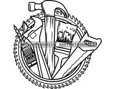 a black and white drawing of some tools in the shape of a heart with an arrow