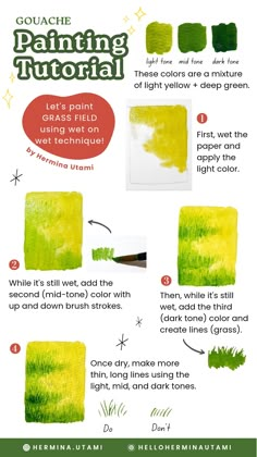 the instructions for painting grass with acrylic paint and watercolors on paper