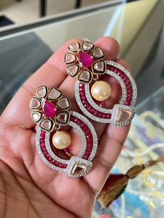 Pink hydro beads earrings/cubic zirconia/AD stones with glass kundan earrings/Chandbalis. The mid size lightweight Chandbalis have beautiful glass kundan kind of stones throughout. The out side is beaded with pink hydro beads with accent ruby stone in middle Chandbalis Earrings, Bridal Necklace Set, Pearl Bangle, Kundan Earrings, Beads Earrings, Star Ruby, Ruby Stone, Onyx Bead, Mid Size