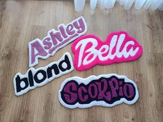 three patches with the words astley, blond, scorph and blond on them