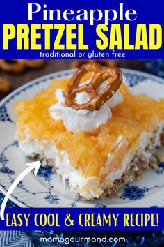 a slice of pineapple pretzel salad on a blue plate Mamagourmand Recipes, Pretzels Sweet, Salad Pineapple, Pineapple Ideas, Pineapple Pretzel Salad, Pineapple Topping, Fluff Salads, Fruits Recipes, Side Dishes For Ham