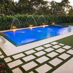 an empty swimming pool surrounded by greenery