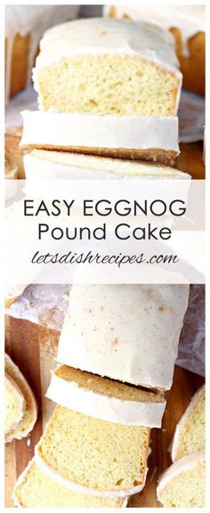 an eggnog pound cake with white frosting on top is cut into slices