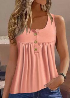 Ruffled Button Sweet Tank - Pink|#vacationshop #fashion #outfits Orange Theme, Summer Activity, Stylish Dress Designs, Summer Fashion Outfits, Womens Casual Outfits, Fashion Summer, Blouse Styles