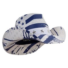 Western Toyo US Flag Cowboy HatMade of 100% Paper.Three sizes, S, M and L.Brim measures 3.25 inches.Pinch crown style.Has decorative stars emblemin around the crown.Has a hat band around the crown.Crown measures 4 inches deep.Adult/Unisex.A great hat for shielding you from the sun.10(W) X 14.5(L) X 5(H) inches.Lightweight and cool.All season.Hand washable.Imported. Outback Hat, White Flag, Big Hat, Western Hats, Sticker Patches, Blue White And Black, Patch Design, Us Flag, Hat Band