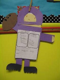 a paper doll with an animal on it's head and legs, standing in front of a bulletin board