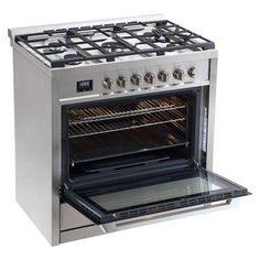 an oven with two burners and one door open on the front, is shown against a white background