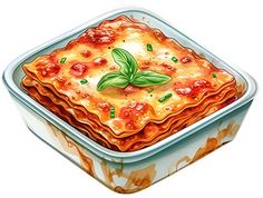 a casserole dish with tomato sauce and basil leaves on top, painted in watercolor