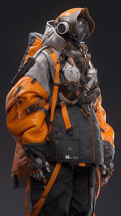 an orange and gray suit with goggles on it's head is standing in front of a black background