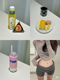 four different pictures of food and drinks on a white counter top, with the woman's stomach exposed