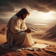 jesus sitting in the desert with his hands clasped