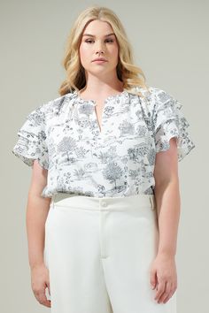 A confident babe like you will always look chic in the Renzo Toile Ruffle Blouse! This cute and unique design overlays the blouse with ruffles on the short sleeves and around the neckline with a keyhole. It has a relaxed fit to be tucked in with some matching black trousers and heels or flats. - Keyhole- Ruffle layers- Lined- Classic fit- Color: Grey BlackSize + Fit - Model is 5'9" and wearing size 2X- Measurements taken from size 2X - Chest: 27"- Length: 28 3/4" Fabric Self:100% Polyester Linin Blouse With Ruffles, Athleisure Wear, Black Trousers, Look Chic, Short Sleeves Tops, Ruffles, Jumpsuit Romper, Like You, Unique Design